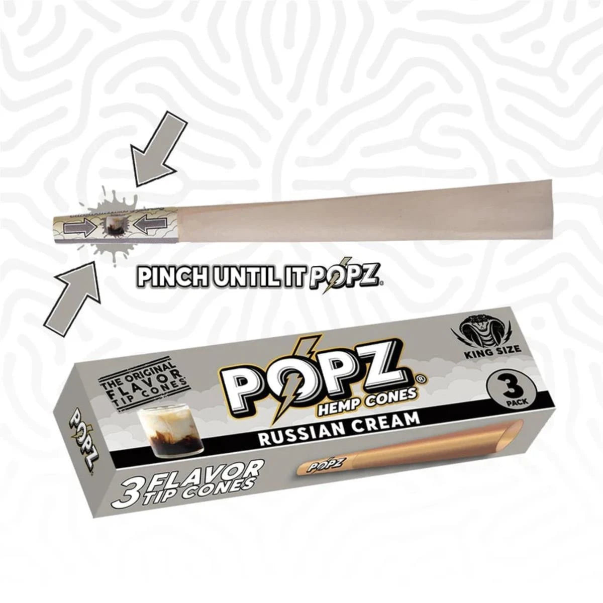 Popz Hemp Cones Russian Cream King Size – graue Verpackung mit 3 Flavor Tip Cones und Cocktailglas-Illustration, darüber ein Cone mit Anleitung "Pinch Until It Popz" und Pfeilen die zeigen wo der Flavor Tip zusammengedrückt werden soll